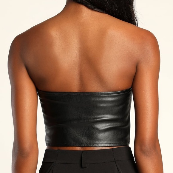 Black Vegan Leather Strapless Bustier Crop Top - Picture 4 of 8